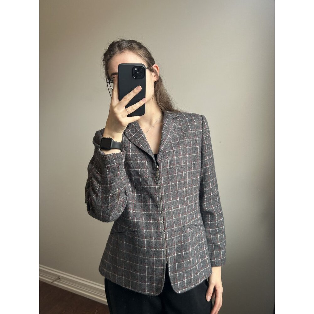 Women's Gray Zip Up Blazer With Red and White Windowpane Detail
